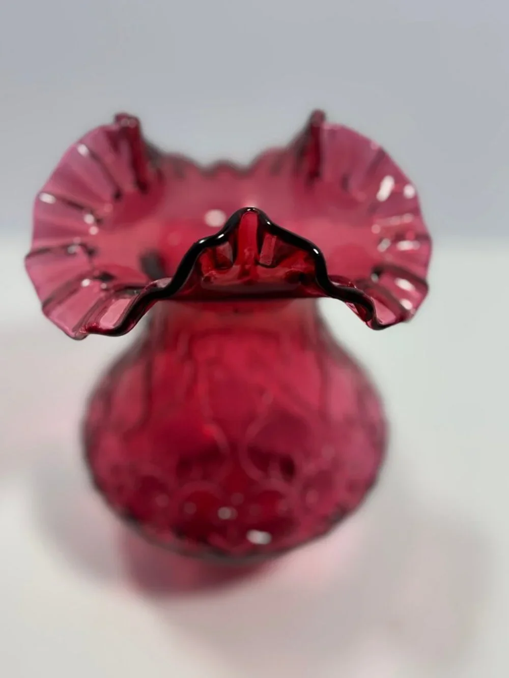 Fenton Vintage Cranberry Glass Heart & Vine Embossed Vase Double Crimped Ruffled
